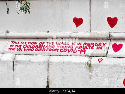 Sezione, dedicata a bambini e giovani adulti, presso il National Covid Memorial Wall, sponda sud del Tamigi, di fronte al Parlamento di Londra. Foto Stock