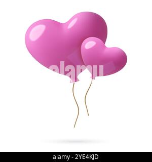 Palloncini a forma di cuore su un filo d'oro. Decorazioni realistiche per feste romantiche di San Valentino in viola in 3D. De vettoriale di stile tridimensionale minimo Illustrazione Vettoriale