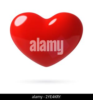 Icona Red Heart 3D Love. Elemento di design carino in plastica lucida tre dimensioni Scarlet per San Valentino isolato su sfondo bianco. Illustrazione Vettoriale