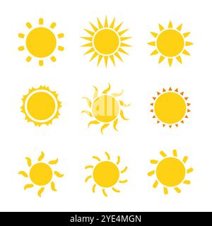 L'icona del sole imposta l'illustrazione vettoriale isolata su bianco Illustrazione Vettoriale
