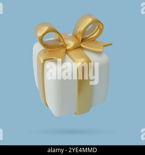 confezione regalo 3d bianca con nastro dorato e un grande fiocco. Icona di compleanno o regalo di Natale. Cartoni animati in plastica lucida e parte Illustrazione Vettoriale
