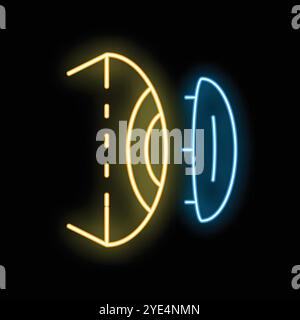 Icona al neon gialla e blu che indica che un'auto viene parcheggiata automaticamente da un sistema autonomo Illustrazione Vettoriale
