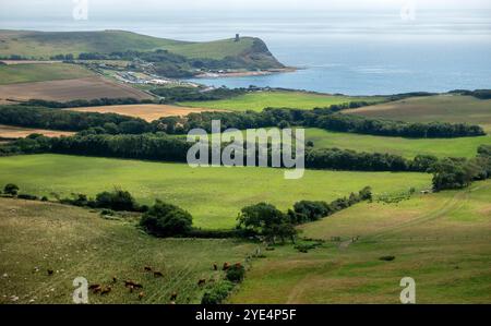 Una tranquilla giornata estiva a Kimmeridge Bay, dove le colline ondulate si incontrano con il litorale scintillante sull'Isola di Purbeck nel Dorset, Inghilterra, Regno Unito Foto Stock