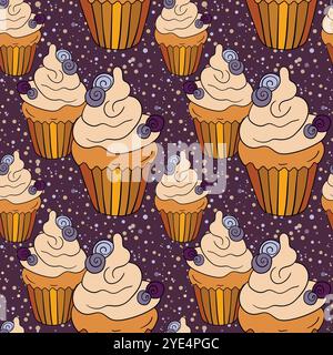 Motivo senza cuciture con cupcake. Muffin cake, dolce cupcake con panna, deliziosi pasticcini. Moderna illustrazione vettoriale per tessuto, tessuto. Dessert Illustrazione Vettoriale