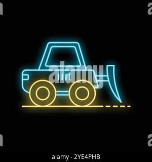 Brillante icona bulldozer al neon illuminata su sfondo scuro, concetto di macchinari da costruzione Illustrazione Vettoriale