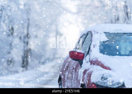 Auto su una strada invernale attraverso una foresta innevata. Foto Stock