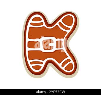 Font per biscotti di pan di zenzero natalizio, tipo lettera K per le festività natalizie, carattere vettoriale. Font natalizio o carattere alfabetico di biscotti al pan di zenzero lettera K con ornamento natalizio per il set di caratteri di Capodanno Illustrazione Vettoriale