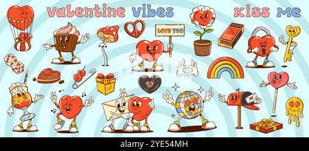 San Valentino e personaggi d'amore in cartoni animati retrò, cuori hippie a fumetti vettoriali. I cartoni animati di San Valentino sono personaggi funky cupcake con messaggio d'amore e sciocco sorriso emoji lecca-lecca Illustrazione Vettoriale