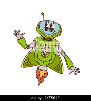 Cartoni animati robot volanti retrò o droide alieno spaziale, personaggio funky vettoriale. Robot rétro Rocket o galassia spaziale androide e robot spaziale con faccia divertente e sorriso per bambini cyborg retrò Illustrazione Vettoriale