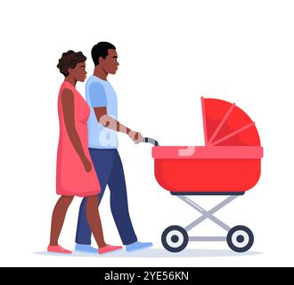 Giovani genitori afroamericani che camminano con passeggini, gente piatta di cartoni animati. Famiglia Vector felice che si diverte insieme, bambino neonato in carrozza, mothe Illustrazione Vettoriale