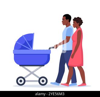 Giovani genitori afroamericani che camminano con passeggini, gente piatta di cartoni animati. Famiglia Vector felice che si diverte insieme, bambino neonato in carrozza, mothe Illustrazione Vettoriale