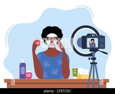 Blogger di bellezza donna afroamericana che registra video tutorial per la cura della pelle per il suo vlog. Ragazza che parla e mostra prodotti cosmetici davanti alla fotocamera. Illustrazione Vettoriale