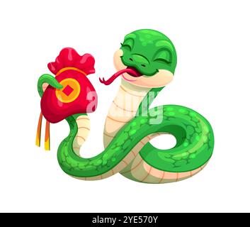 Divertente serpente arricciato cartoni animati con sacco di soldi rosso pieno di monete d'oro. Rettile animale zodiaco cinese festoso verde vettoriale isolato rappresentano ricchezza, tradizione e prosperità per l'anno lunare 2025 Illustrazione Vettoriale