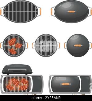 Vista dall'alto della griglia. Stufa per barbecue arrotondata isolata, griglie per barbecue rotonde vuote, fuoco a carbone per cucinare la carne al di fuori del picnic estivo, forno a braciere a carbone, illustrazione vettoriale originale Illustrazione Vettoriale