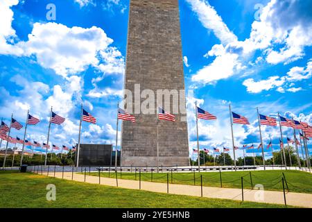 Washington Monument Park e vista delle bandiere USA, Washington DC, capitale degli Stati Uniti Foto Stock