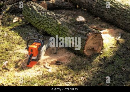 Motosega a terra vicino a un tronco di albero tagliato. Arborista. Arboricoltura. Foto Stock