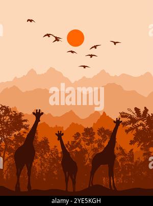 Paesaggio con giraffe. disegno a mano. Illustrazione non del vettore IA Illustrazione Vettoriale