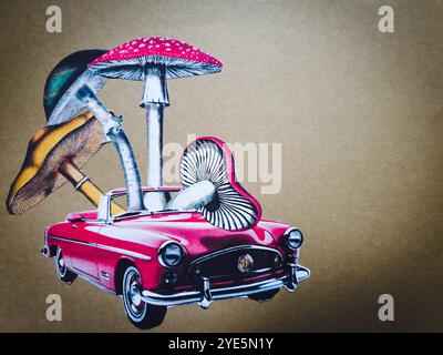Arte concettuale del collage surreale di un'auto rossa con quattro diversi funghi seduti al suo interno Foto Stock