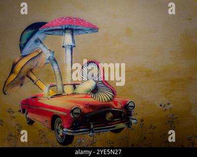 Arte concettuale del collage surreale di un'auto rossa con quattro diversi funghi seduti al suo interno Foto Stock