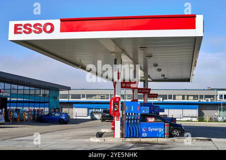 Augusta, Baviera, Germania - 29 ottobre 2024: Stazione di servizio esso con tecnologia Synergy Fuel moderna e pompe carburante *** esso Tankstelle mit moderner Synergy-Fuel-Technologie und Zapfsäulen Foto Stock