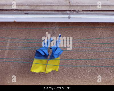 Un paio di guanti in gomma blu e giallo appesi su una clothesline Foto Stock