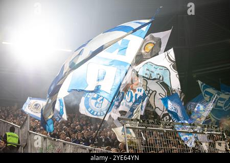 Fans von FC Schalke 04 mit Fahnen GER, FC Augsburg vs. FC Schalke 04, Fussball DFB-Pokal 2. Runde, Saison 2024/2025, 29.10.2024 NORMATIVE DFB/DFL VIETANO QUALSIASI USO DI FOTOGRAFIE COME SEQUENZE DI IMMAGINI E/O QUASI-VIDEO foto: Eibner-Pressefoto/Roger Buerke Foto Stock