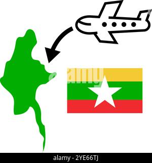 Icona Myanmar Travel. Mappa del Myanmar, aereo e bandiera del Myanmar. Vettore modificabile. Illustrazione Vettoriale