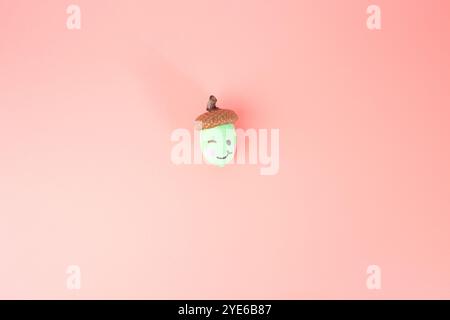 una singola ghianda con una faccia dipinta su sfondo rosa chiaro. Il cappello delle ghiande è marrone e il corpo è dipinto di verde con una faccia sorridente. La faccia dentro Foto Stock