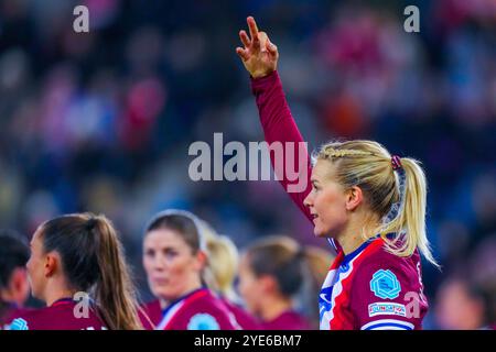 Oslo 20241029. La norvegese Ada Hegerberg segna nella partita di qualificazione al Campionato europeo femminile tra Norvegia e Albania allo stadio Ullevaal. Foto: Cornelius Poppe / NTB Foto Stock