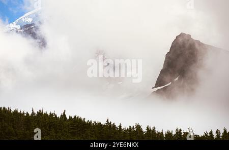 Echo Rock si distingue sotto Una sbirciatina del Monte Rainier attraverso la nebbia del Wonderland Trail Foto Stock