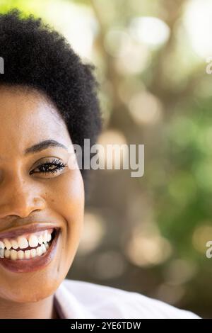 Festeggiamo il Ringraziamento all'aperto, donna afroamericana sorridente, copia spazio, a casa Foto Stock
