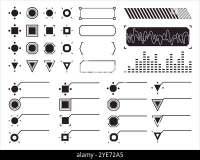 Elementi HUD display head-up ornamento triangolo astratto forme a cerchio quadrato forma moderna geometrica in stile ciberspazio colore nero collezione di set di design Illustrazione Vettoriale