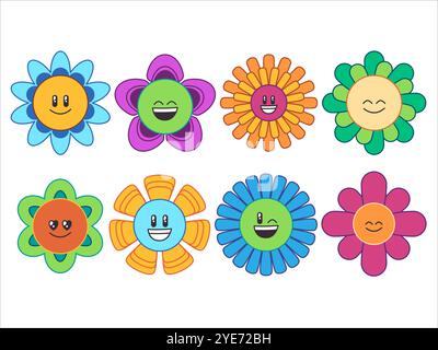 Flower Y2K hippie hipster, stile artistico moderno retrò, personaggi espressivi e colorati, set di cartoni animati, collezione di icone Illustrazione Vettoriale