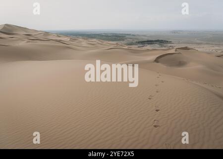 Il mare del deserto, le onde di sabbia al tramonto nel deserto di Kumtag, la città di Shanshan, Xinjiang, Cina, spazio copia per testo, sfondo Foto Stock