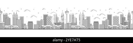 Motivo senza cuciture con profilo Calgary Canada City Skyline con edifici moderni isolati sul bianco. Illustrazione vettoriale. Paesaggio urbano di Calgary. Illustrazione Vettoriale