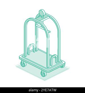 Carrello portabagagli isometrico. Attrezzature alberghiere. Illustrazione vettoriale. Oggetto isolato su bianco. Reception dell'hotel e servizio in camera. Illustrazione Vettoriale