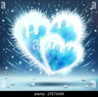 Due cuori freddi congelati con pezzi di ghiaccio su sfondo blu innevato. Vento, fiocchi di neve e stelle ghiacciate. Illustrazione vettoriale. San Valentino. Symbo Illustrazione Vettoriale