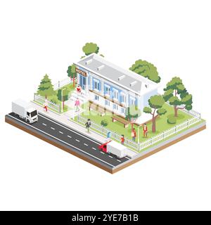 Hotel Isometric in stile classico con colonne. Facciata di un piccolo edificio alberghiero. Illustrazione vettoriale. Prenotazione online dell'hotel. Illustrazione Vettoriale