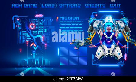 Personaggio Cyborg in un videogioco astratto per computer nel menu, interfaccia con i pulsanti menu di gioco. Interfaccia computer videogioco sulla robotica batt Illustrazione Vettoriale