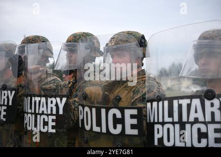 Marine degli Stati Uniti con quartier generale e quartier generale Squadron, Marine Corps Air Station (MCAS) Iwakuni e membri della forza di autodifesa a terra giapponese con Th Foto Stock