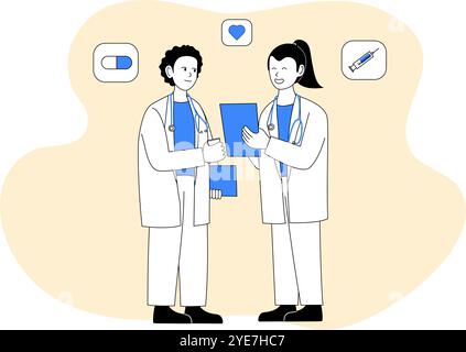 Medico in uniforme che discute della salute del paziente con medicina, cuore e siringa. Grafica in design piatto blu e bianco. Illustrazione Vettoriale