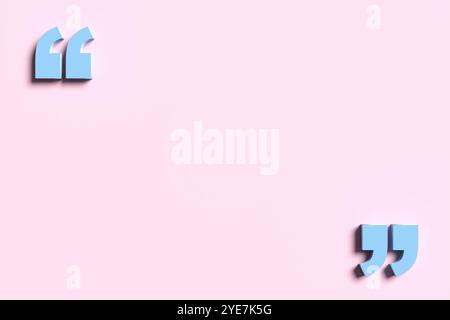 Le virgolette o le virgolette 3d moderne incorniciano una casella di testo su sfondo rosa, offrendo spazio per la comunicazione e l'ispirazione. rendering 3d. Foto Stock