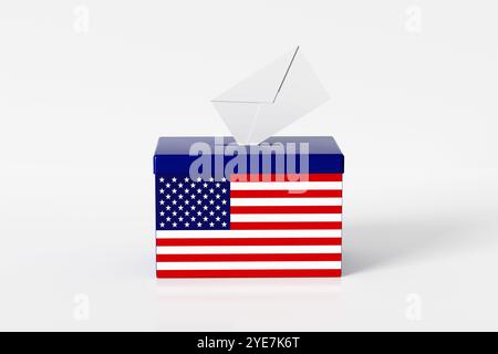 Urna americana con voto su sfondo bianco, simboleggia la democrazia e la scelta in un'elezione nazionale. rendering 3d. Foto Stock