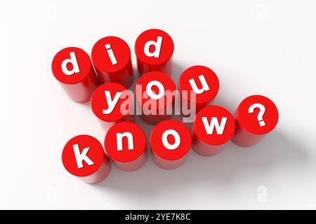 Conoscevi il concetto di informazione? Cilindri rossi vibranti disposti in modo da formare lo sapevate? Sullo sfondo bianco, suscitano curiosità e incoraggiano il Lear Foto Stock