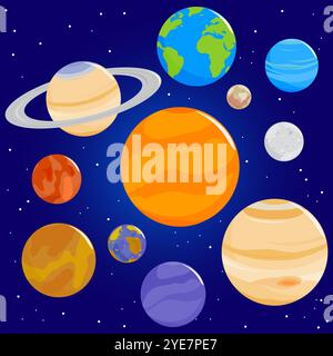 Pianeti del sistema solare nel cielo. Spazio con Plutone, Luna, Sole, Nettuno, Urano e altri pianeti. Foto Stock