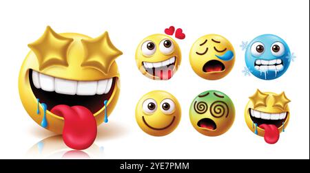 Set di vettori di emoticon per il viso affamato di emoji. Emoticon gustosi, affamati e leccati emoji con volti in amore, starnuti, freddo, sorriso, vertigini e affamati gialli Illustrazione Vettoriale