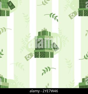 Shopping ecologico per le vacanze. Motivo senza cuciture con pila di confezioni regalo ecologiche per le feste con etichetta su sfondo a righe bianco-verde. Vettore Illustrazione Vettoriale