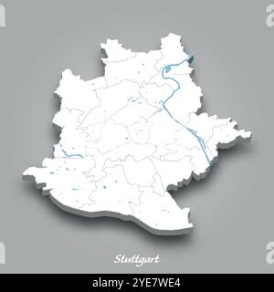 Mappa isometrica 3D di Stoccarda che mostra fiumi e laghi in blu con sfondo grigio Illustrazione Vettoriale