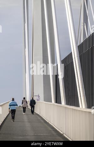 Pista ciclabile e pedonale del ponte autostradale Neuenkamp, autostrada A40, nuovo ponte sul Reno, vicino a Duisburg, Renania settentrionale-Vestfalia, Germania, Europa Foto Stock