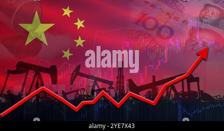 Produzione di petrolio con bandiera cinese, industria petrolifera. Pompe dell'olio con la bandiera della Cina sul grafico economico Foto Stock